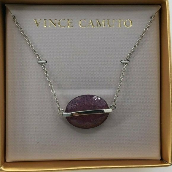 Vince Camuto Oblong Stone Bar Necklace Silver Tone Lilac Purple Stone 18" - Picture 3 of 3